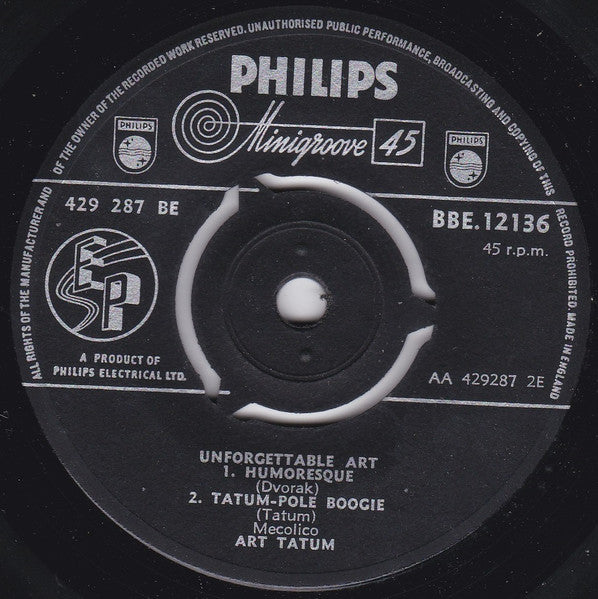 Art Tatum : Unforgettable Art (7", EP, Mono)