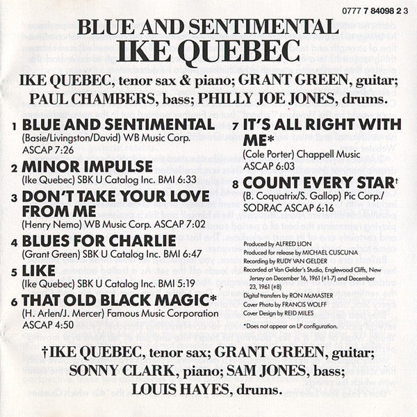 Ike Quebec : Blue & Sentimental (CD, Album)