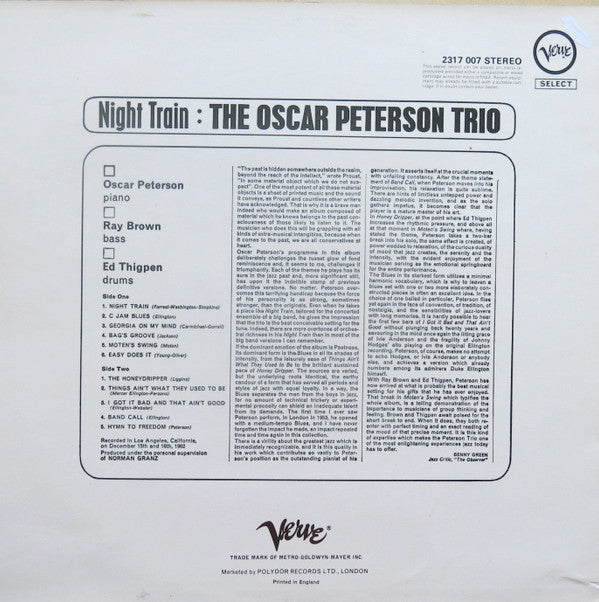 The Oscar Peterson Trio : Night Train (LP, Album, RE)