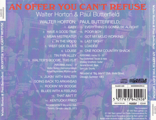 Walter Horton & Paul Butterfield : An Offer You Can't Refuse (CD, Album, Comp)