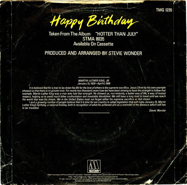 Stevie Wonder : Happy Birthday (7", Single, Kno)