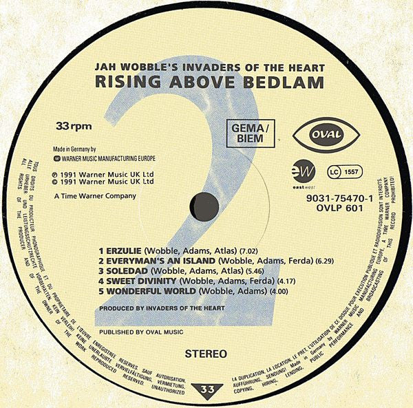 Jah Wobble's Invaders Of The Heart : Rising Above Bedlam (LP, Album)