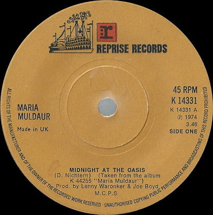 Maria Muldaur : Midnight At The Oasis (7", Single, Sol)