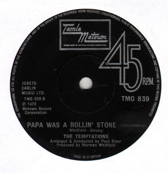 The Temptations : Papa Was A Rollin' Stone (7", Single)