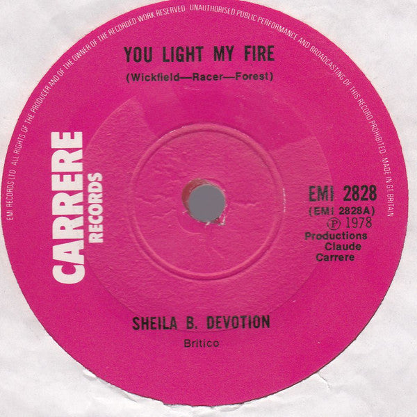 Sheila B. Devotion* : You Light My Fire (7", Single, Red)