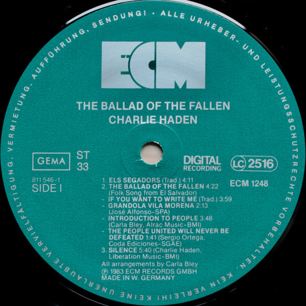 Charlie Haden, Carla Bley, Don Cherry, Sharon Freeman, Mick Goodrick, Jack Jeffers, Michael Mantler, Paul Motian, Jim Pepper, Dewey Redman, Steve Slagle, Gary Valente : The Ballad Of The Fallen (LP, Album, Gat)