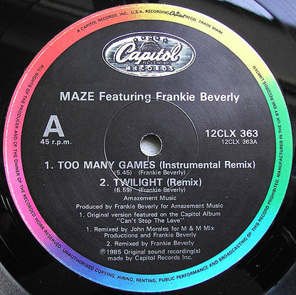 Maze Featuring Frankie Beverly : Too Many Games / Twilight / Back In Stride (The Instrumental Remixes) (12")