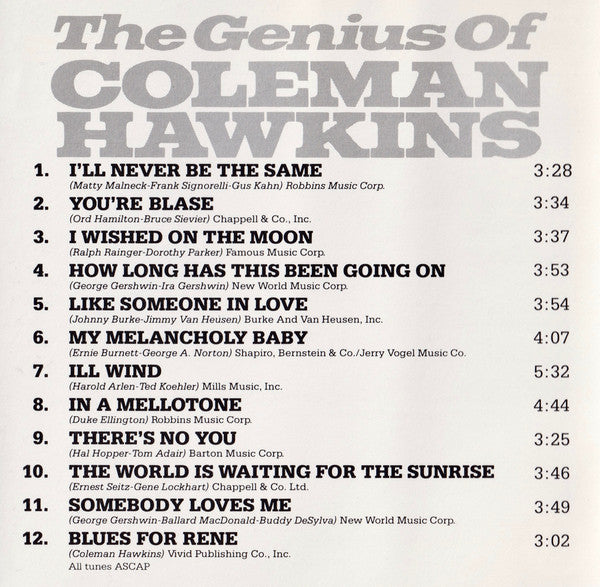 Coleman Hawkins : The Genius Of Coleman Hawkins (CD, Album, RE, RM)