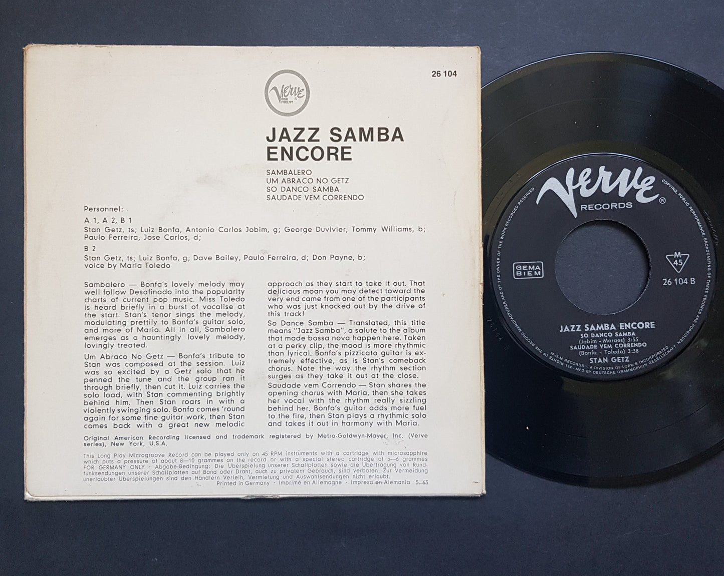 Stan Getz, Luiz Bonfá - Jazz Samba Encore! (7", EP, Mono) Germany 1963 NM or M-