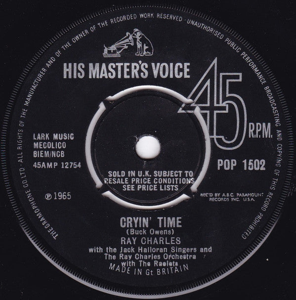 Ray Charles With The Jack Halloran Singers And The Ray Charles Orchestra* : Cryin' Time (7", Single)