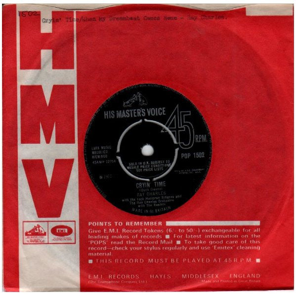 Ray Charles With The Jack Halloran Singers And The Ray Charles Orchestra* : Cryin' Time (7", Single)