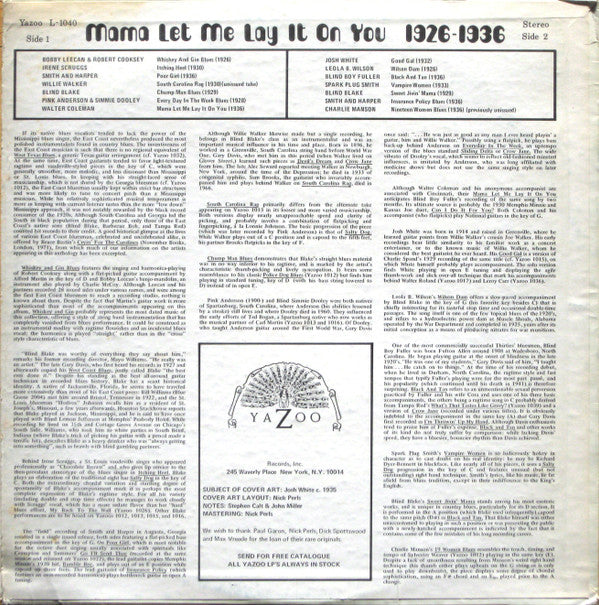 Various : Mama Let Me Lay It On You 1926-1936 (LP, Comp)