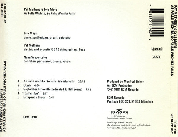 Pat Metheny & Lyle Mays : As Falls Wichita, So Falls Wichita Falls (CD, Album, RE)