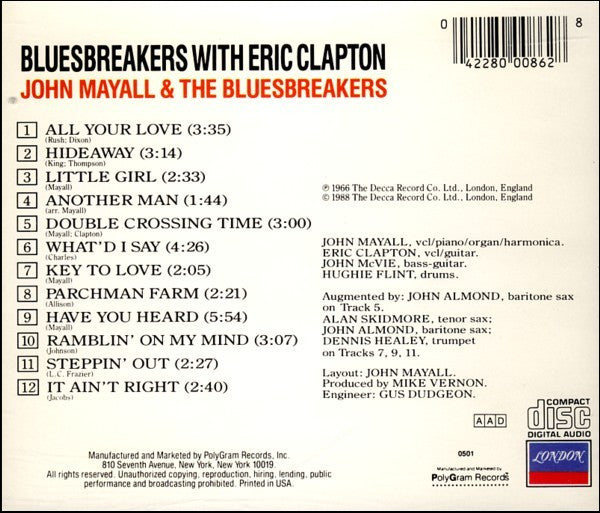 John Mayall With Eric Clapton : Blues Breakers (CD, Album, RE, RP)