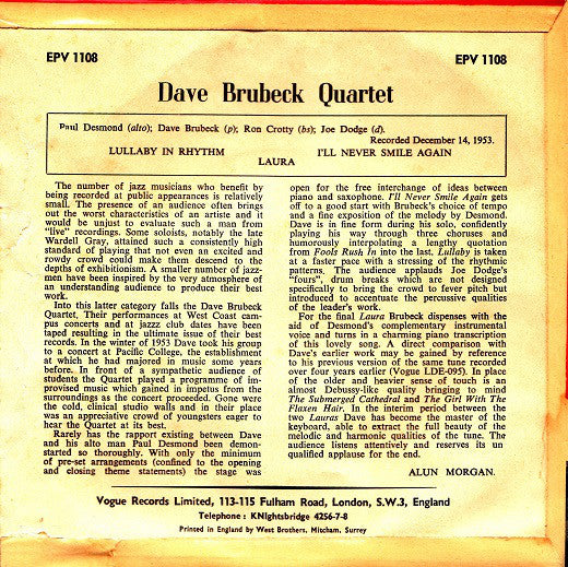 The Dave Brubeck Quartet : At Pacific College (7", EP, Mono)