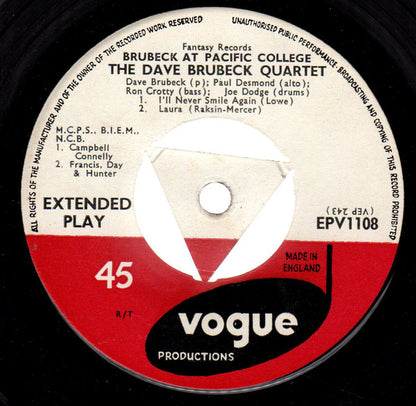 The Dave Brubeck Quartet : At Pacific College (7", EP, Mono)