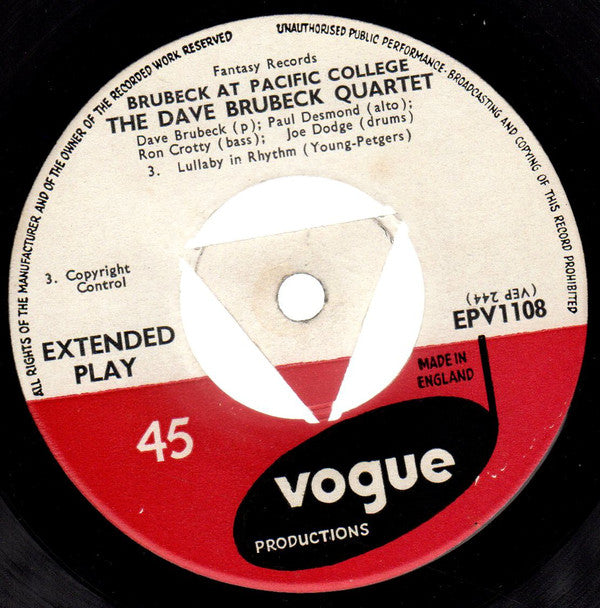 The Dave Brubeck Quartet : At Pacific College (7", EP, Mono)