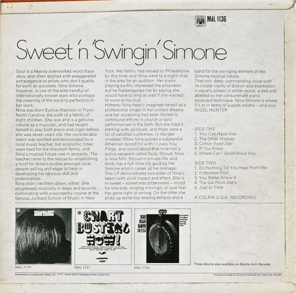 Nina Simone : Sweet 'N' Swingin' Simone (LP, Album, Comp, Mono)