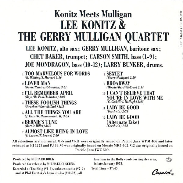 Lee Konitz & The Gerry Mulligan Quartet* : Konitz Meets Mulligan (CD, Album, RE)