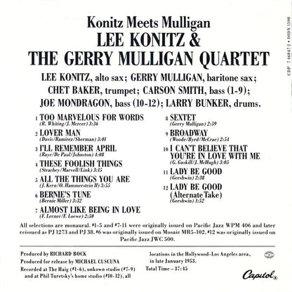 Lee Konitz & The Gerry Mulligan Quartet* : Konitz Meets Mulligan (CD, Album, RE)