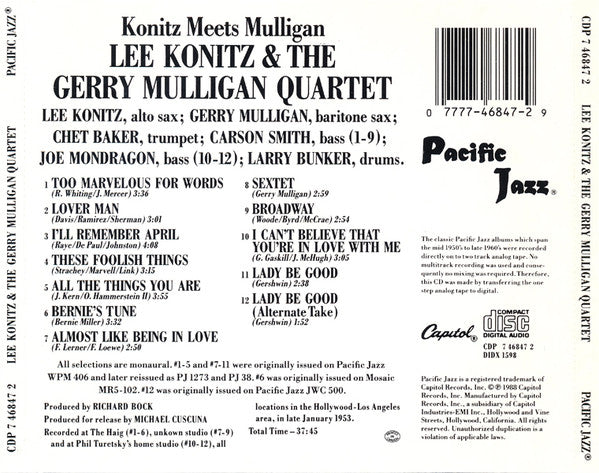 Lee Konitz & The Gerry Mulligan Quartet* : Konitz Meets Mulligan (CD, Album, RE)