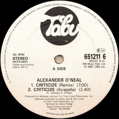 Alexander O'Neal : Criticize (Special 12" Mixes) (12", Single)