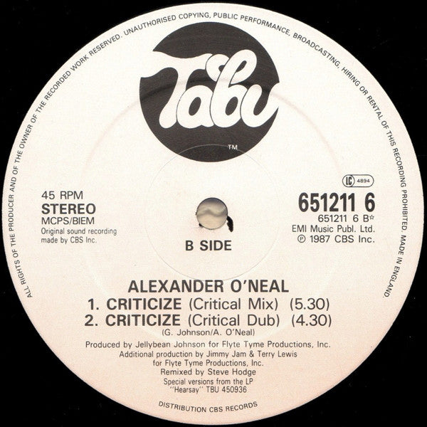 Alexander O'Neal : Criticize (Special 12" Mixes) (12", Single)