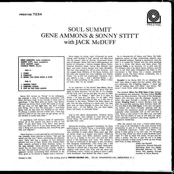 Gene Ammons & Sonny Stitt With Jack McDuff* : Soul Summit (LP, Album, Mono, RE, Blu)