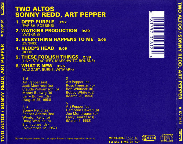 Art Pepper, Sonny Redd* : Two Altos (CD, Album, Mono, RE, RM)