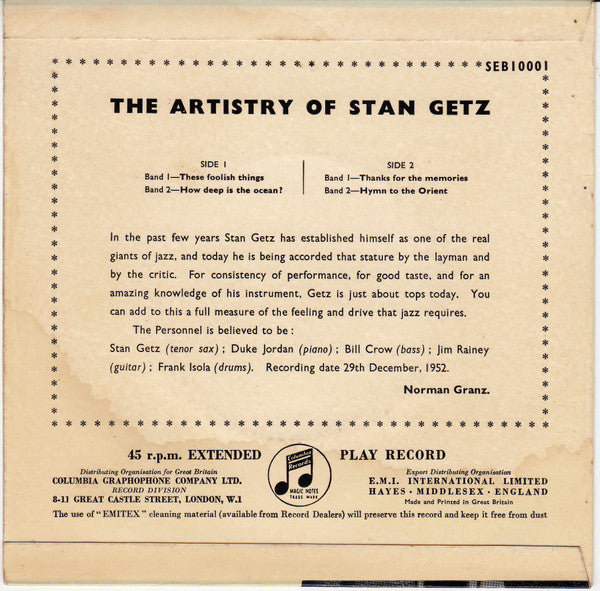 Stan Getz : The Artistry Of Stan Getz (7", EP)