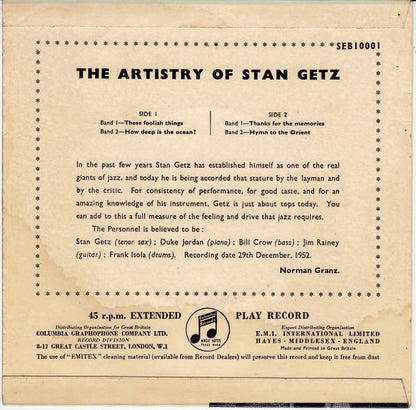 Stan Getz : The Artistry Of Stan Getz (7", EP)