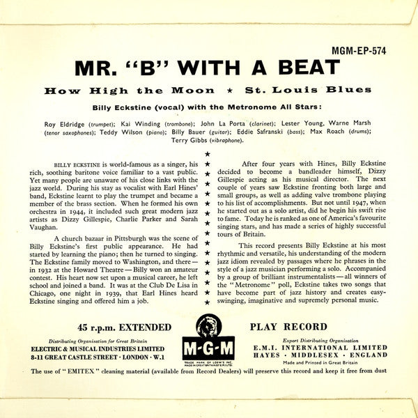 Billy Eckstine And The Metronome All Stars : Mr. "B' With A Beat (7", EP)