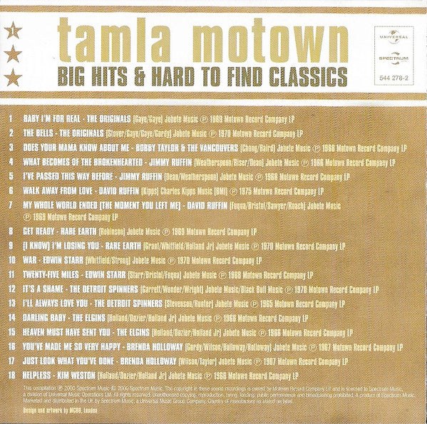 Various : Tamla Motown Big Hits & Hard To Find Classics (Volume One) (CD, Comp, RE, Dis)