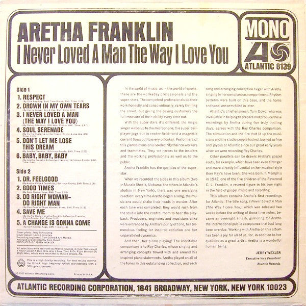 Aretha Franklin : I Never Loved A Man The Way I Love You (LP, Album, Mono, MO )