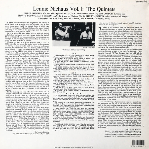 Lennie Niehaus : Vol.1 'The Quintets' (LP, Album, RE, RM)