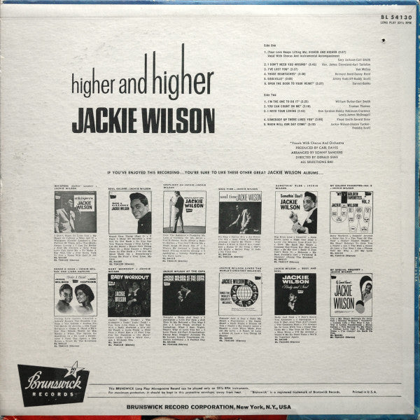 Jackie Wilson : Higher And Higher (LP, Album, Mono, Glo)