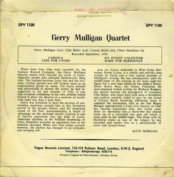 Gerry Mulligan Quartet : Gerry Mulligan Quartet (7", EP)