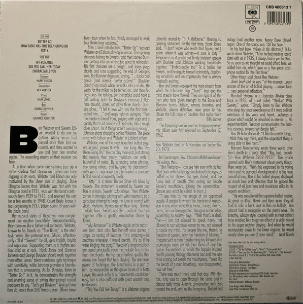 Ben Webster & Harry Edison : Ben And "Sweets" (LP, Album, RE, RM)