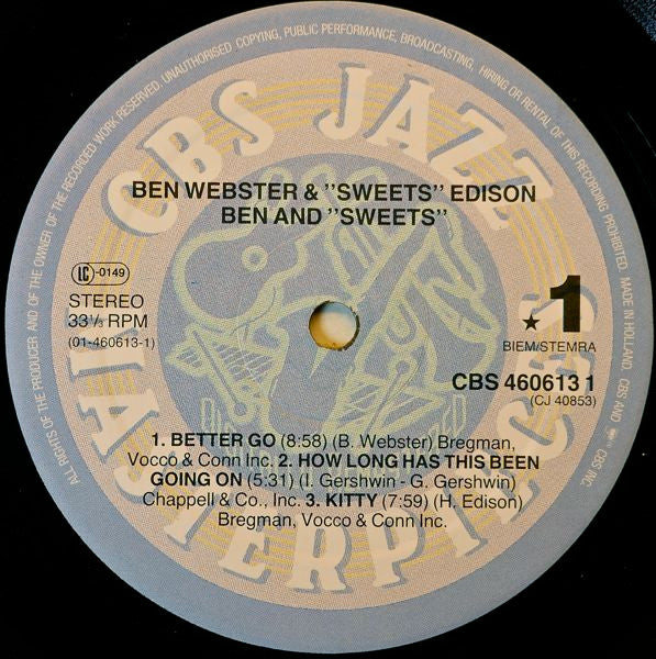 Ben Webster & Harry Edison : Ben And "Sweets" (LP, Album, RE, RM)