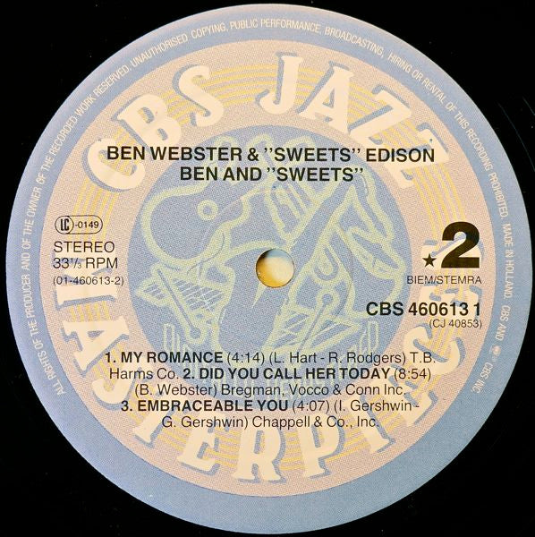 Ben Webster & Harry Edison : Ben And "Sweets" (LP, Album, RE, RM)