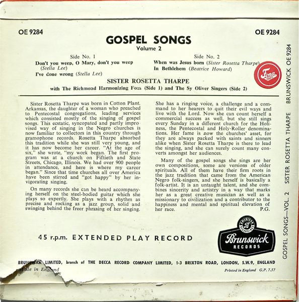 Sister Rosetta Tharpe : Gospel Songs Vol. 2 (7", EP)