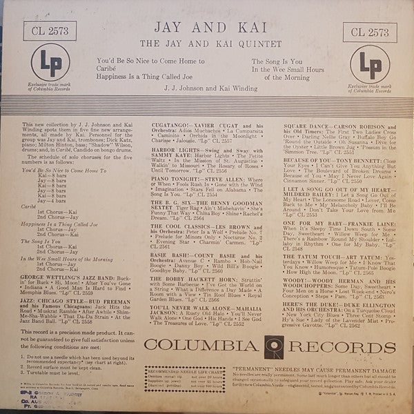 The Jay And Kai Quintet, J.J. Johnson and Kai Winding : Jay And Kai (10", Album, Mono)