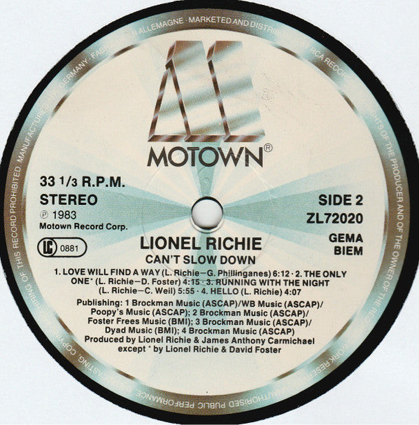 Lionel Richie : Can't Slow Down (LP, Album, RE, Gat)