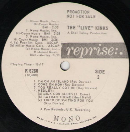 The Kinks : The Live Kinks (LP, Album, Mono, Promo)