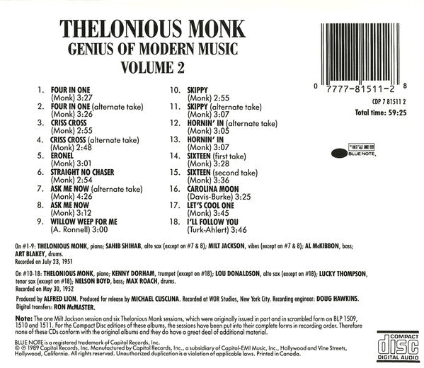 Thelonious Monk : Genius Of Modern Music Volume 2 (CD, Comp, RE)