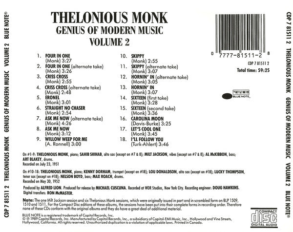 Thelonious Monk : Genius Of Modern Music Volume 2 (CD, Comp, RE)