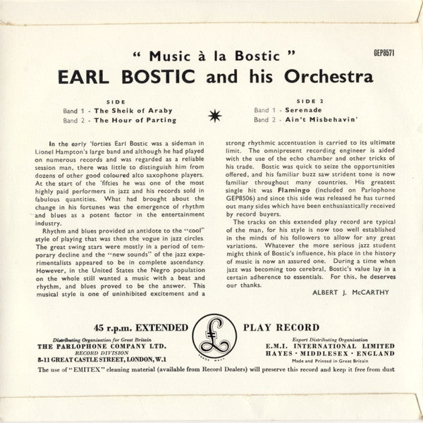 Earl Bostic And His Orchestra : Music À La Bostic (7", EP)