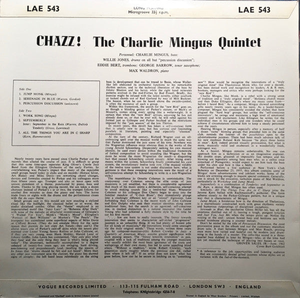 The Charlie Mingus Quintet* : Chazz! (LP, Album, Mono, RE)