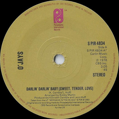 O'Jays* : Darlin' Darlin' Baby (Sweet, Tender, Love) (7", Single, Sol)