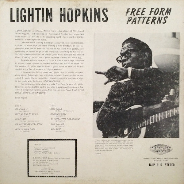 Lightnin' Hopkins : Free Form Patterns (LP, Album, Promo)